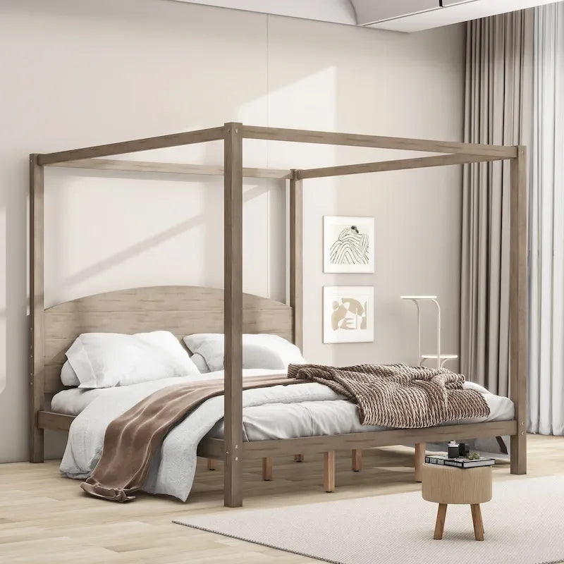 Letto a baldacchino King Size in pino con classica testiera in legno, struttura del letto imbottita, non è richiesta la rete a molle, facile da montare