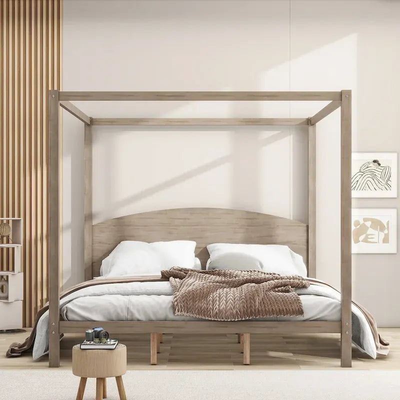 King Size Pine Canopy Platform Bed w/ Classic Wood Headboard Upholstered Bed Frame, No Box Spring Needed, Easy Assembly