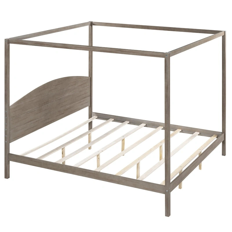 King Size Pine Canopy Platform Bed w/ Classic Wood Headboard Upholstered Bed Frame, No Box Spring Needed, Easy Assembly
