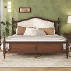 Letto matrimoniale Queen in legno di pino con testiera imbottita e pediera a pannelli, contenitore a scomparsa, noce