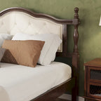 Letto matrimoniale Queen in legno di pino con testiera imbottita e pediera a pannelli, contenitore a scomparsa, noce