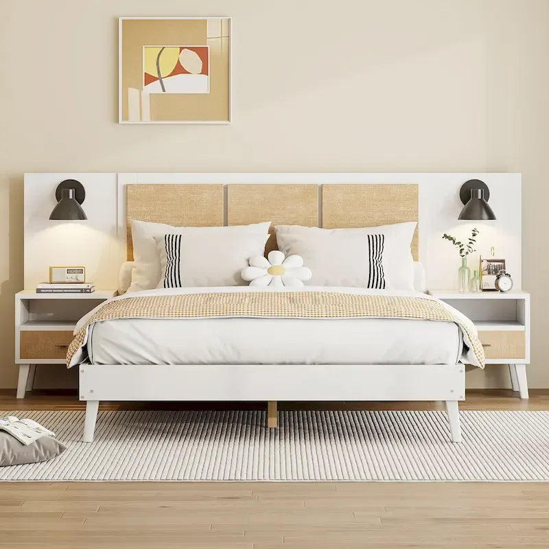 Letto Matrimoniale in Legno Massello con 2 Comodini, Lampade Integrate, Design in Rattan e Legno, Bianco