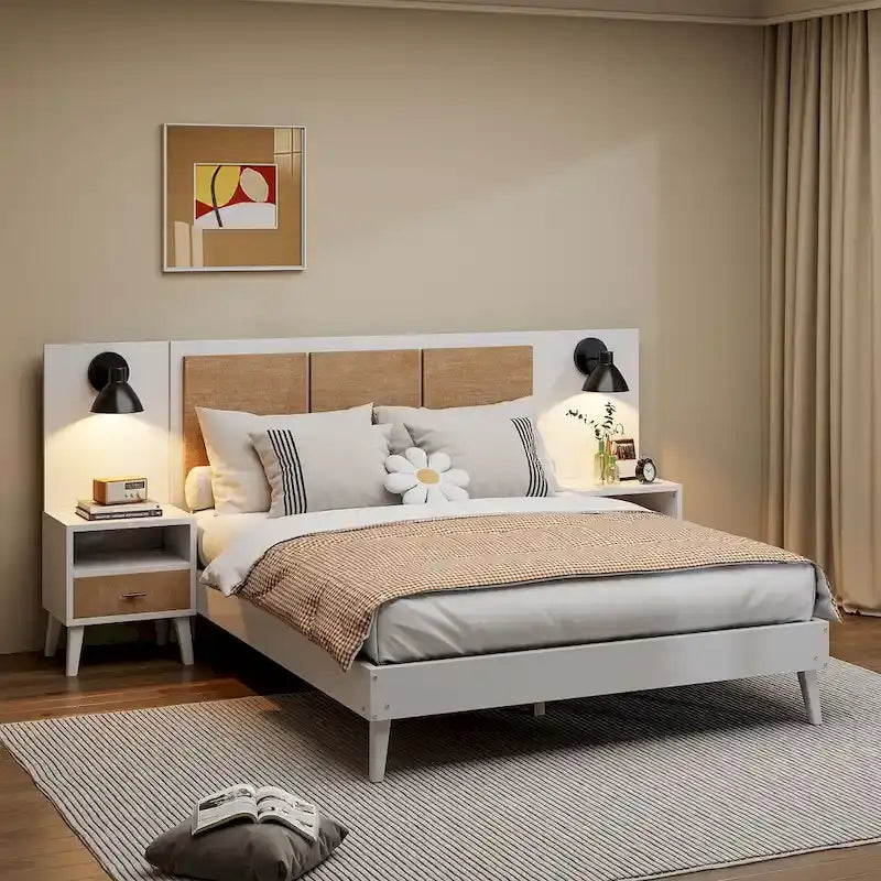 Letto Matrimoniale in Legno Massello con 2 Comodini, Lampade Integrate, Design in Rattan e Legno, Bianco