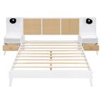 Letto Matrimoniale in Legno Massello con 2 Comodini, Lampade Integrate, Design in Rattan e Legno, Bianco