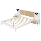 Letto Matrimoniale in Legno Massello con 2 Comodini, Lampade Integrate, Design in Rattan e Legno, Bianco