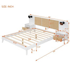 Letto Matrimoniale in Legno Massello con 2 Comodini, Lampade Integrate, Design in Rattan e Legno, Bianco