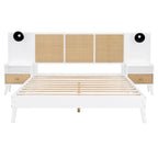 Letto Matrimoniale in Legno Massello con 2 Comodini, Lampade Integrate, Design in Rattan e Legno, Bianco