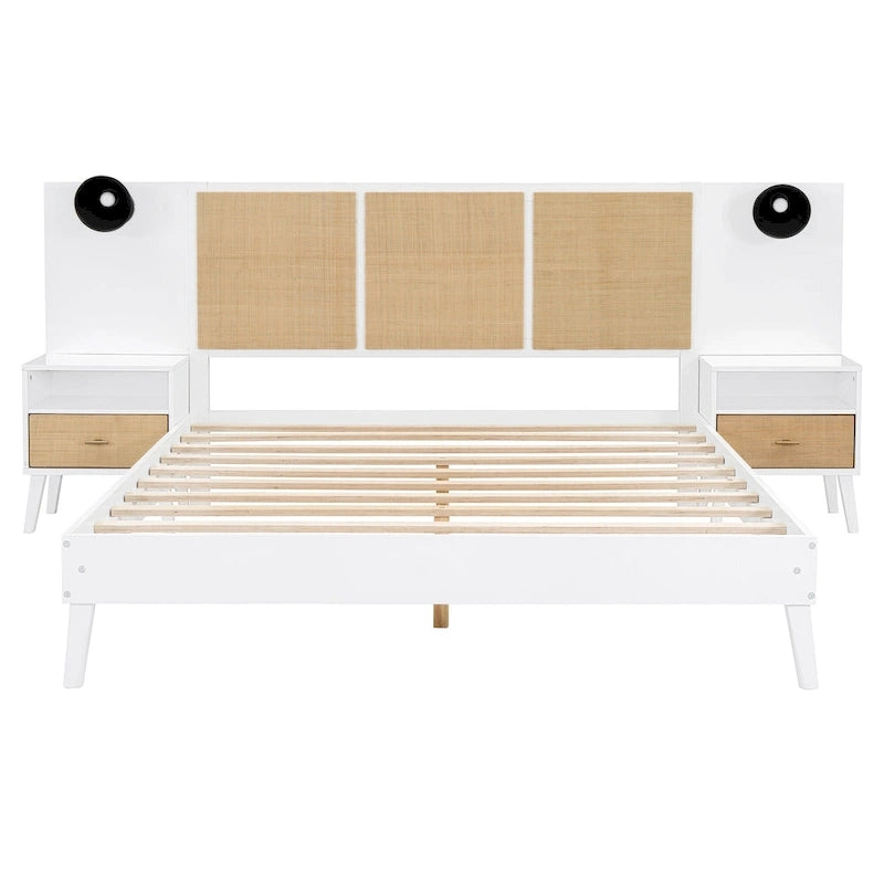 Letto Matrimoniale in Legno Massello con 2 Comodini, Lampade Integrate, Design in Rattan e Legno, Bianco
