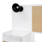 Letto Matrimoniale in Legno Massello con 2 Comodini, Lampade Integrate, Design in Rattan e Legno, Bianco