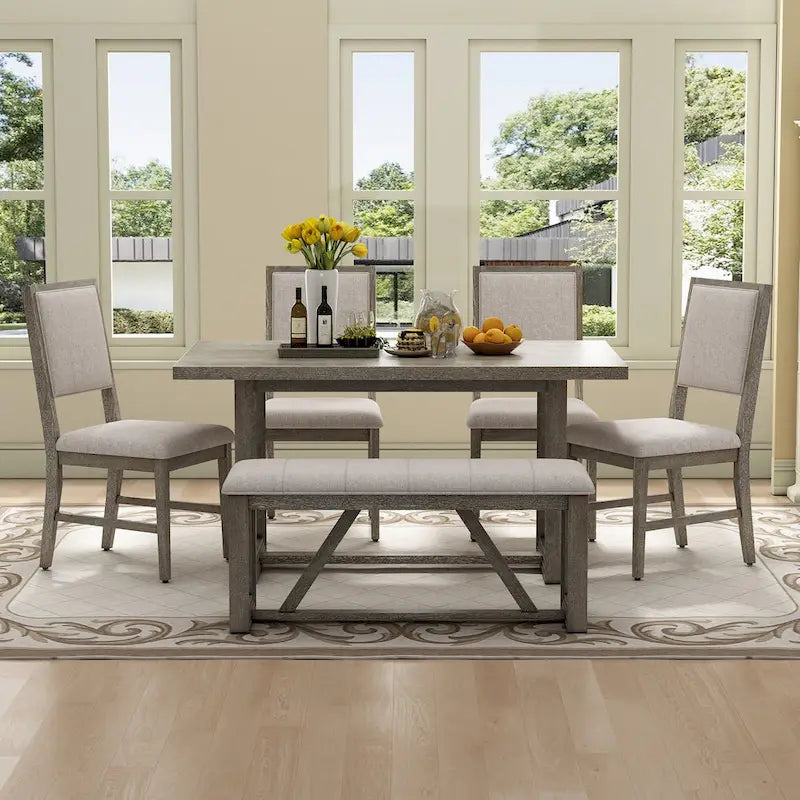 6 Piece Dining Table Chair Set, Wooden Kitchen Furniture Set with Acacia Wood Rectangular Table, 4 Chairs and 1 Bench
