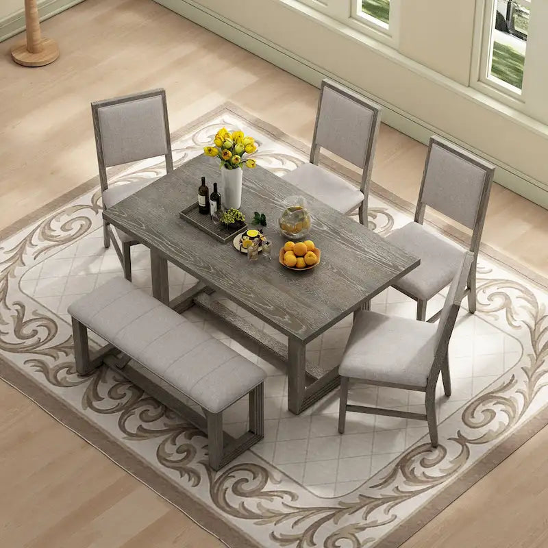 6 Piece Dining Table Chair Set, Wooden Kitchen Furniture Set with Acacia Wood Rectangular Table, 4 Chairs and 1 Bench