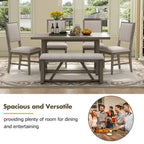 6 Piece Dining Table Chair Set, Wooden Kitchen Furniture Set with Acacia Wood Rectangular Table, 4 Chairs and 1 Bench