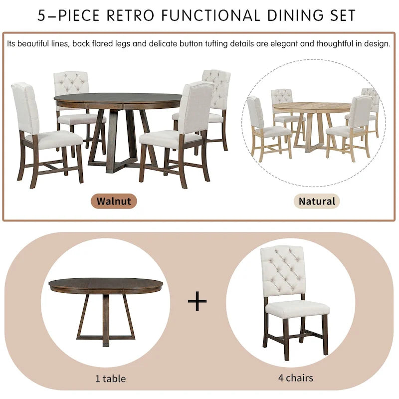Set di tavolo e sedie da pranzo multifunzione, set da tavolo da pranzo per cucina rustica con ripiani pieghevoli rimovibili e gambe a croce