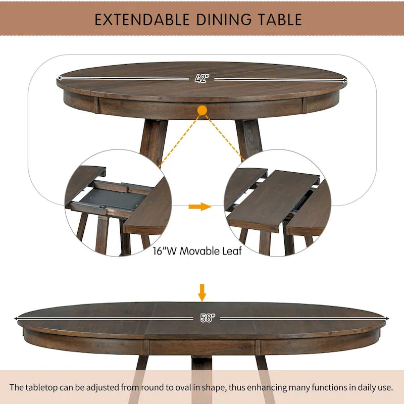Set di tavolo e sedie da pranzo multifunzione, set da tavolo da pranzo per cucina rustica con ripiani pieghevoli rimovibili e gambe a croce
