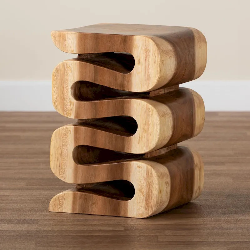 Tavolino Eliada intagliato a mano in legno di suar – Tavolino d'appoggio scultoreo ondulato, stile moderno Boho per soggiorno o camera da letto
