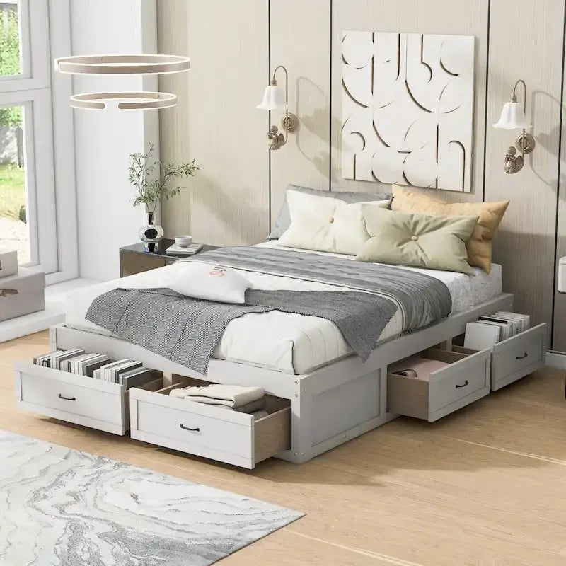 Letto a piattaforma Queen Size con 6 cassetti portaoggetti, bianco anticato