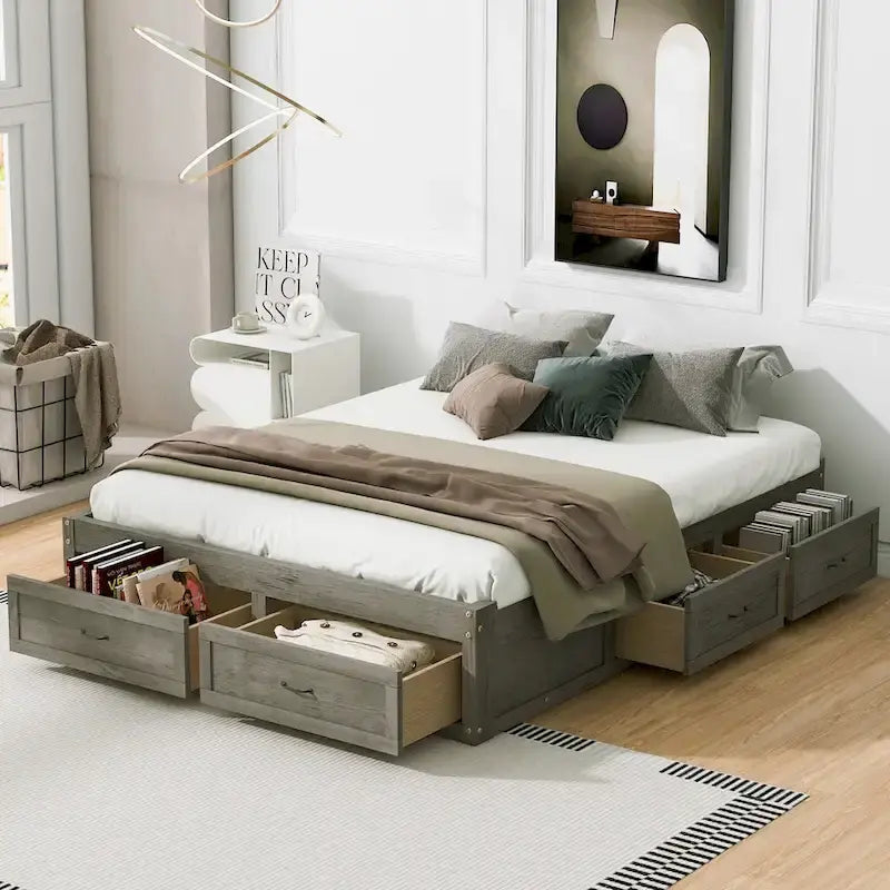Queen Size Platform Bed with 6 Storage Drawers, Antique White