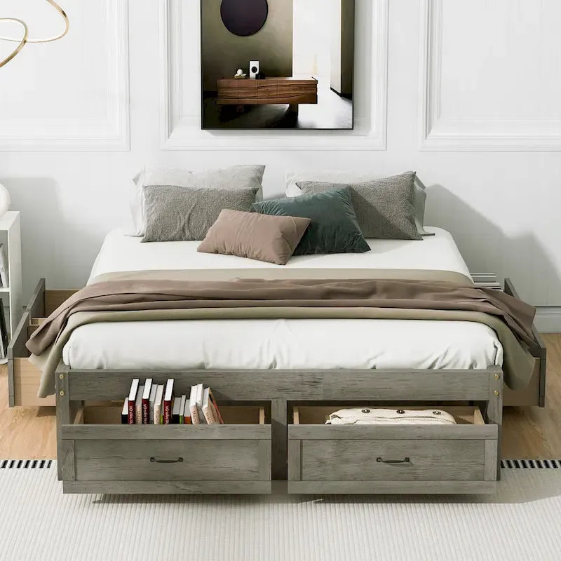 Queen Size Platform Bed with 6 Storage Drawers, Antique White