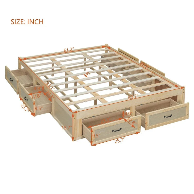 Queen Size Platform Bed with 6 Storage Drawers, Antique White