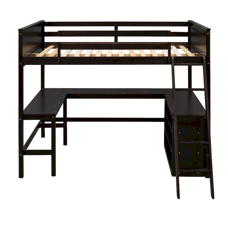 Full size Loft Bed with Shelves and Desk, Wooden Loft Bed with Desk