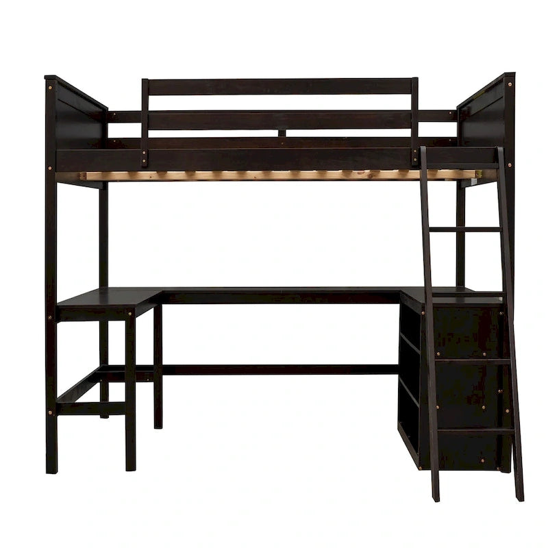 Full size Loft Bed with Shelves and Desk, Wooden Loft Bed with Desk