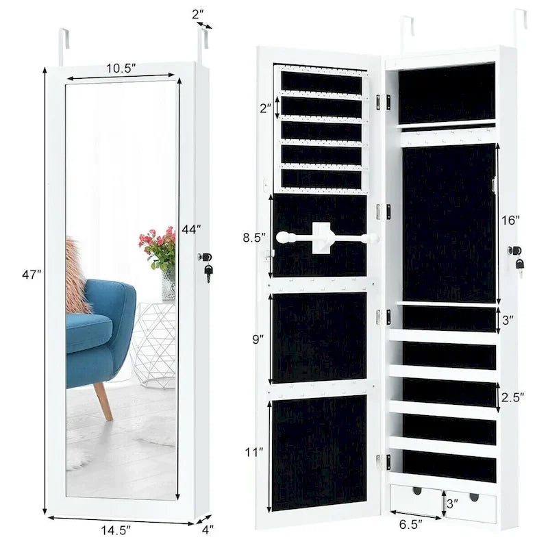 Costway Wall Mounted Mirrored Jewelry Cabinet Organizer w/LED Lights
