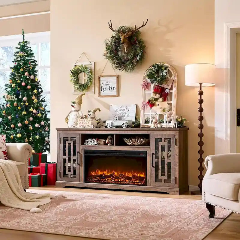 Farmhouse Fireplace TV Stand for 80 Inch TV, Entertainment Center
