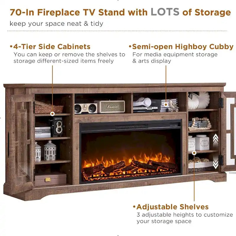 Farmhouse Fireplace TV Stand for 80 Inch TV, Entertainment Center