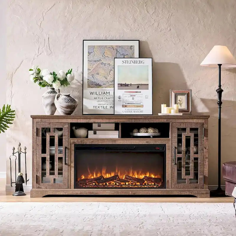 Farmhouse Fireplace TV Stand for 80 Inch TV, Entertainment Center