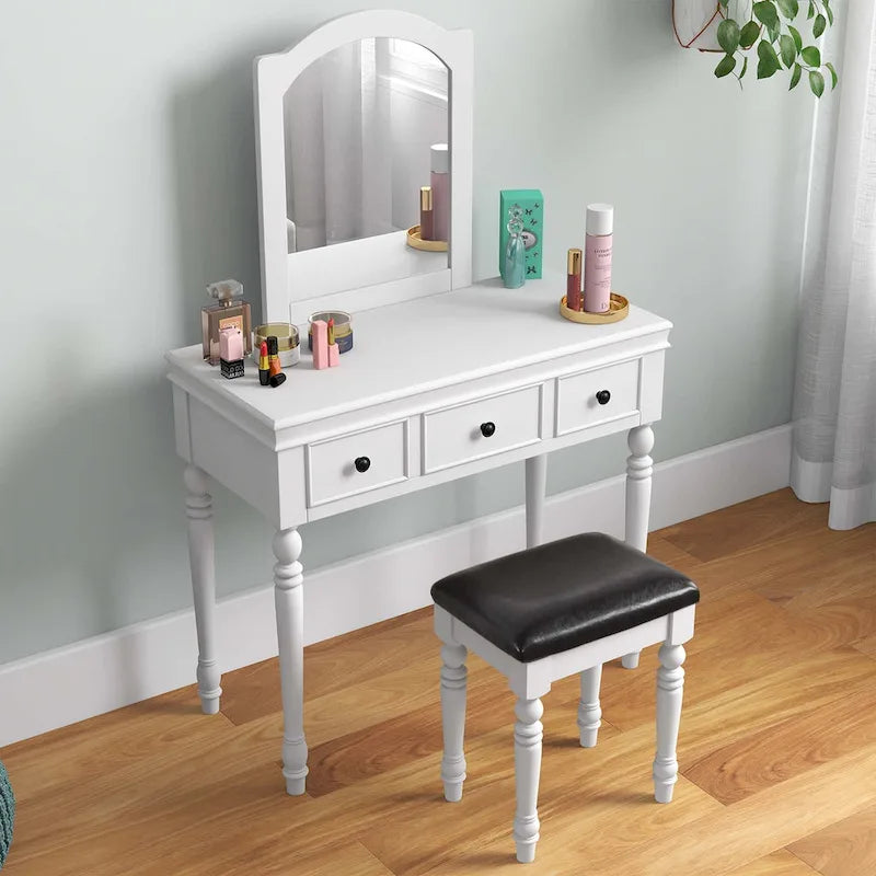 Costway Vanity Table Set Makeup Desk Cushioned Stool 3 Drawer Large - See Details