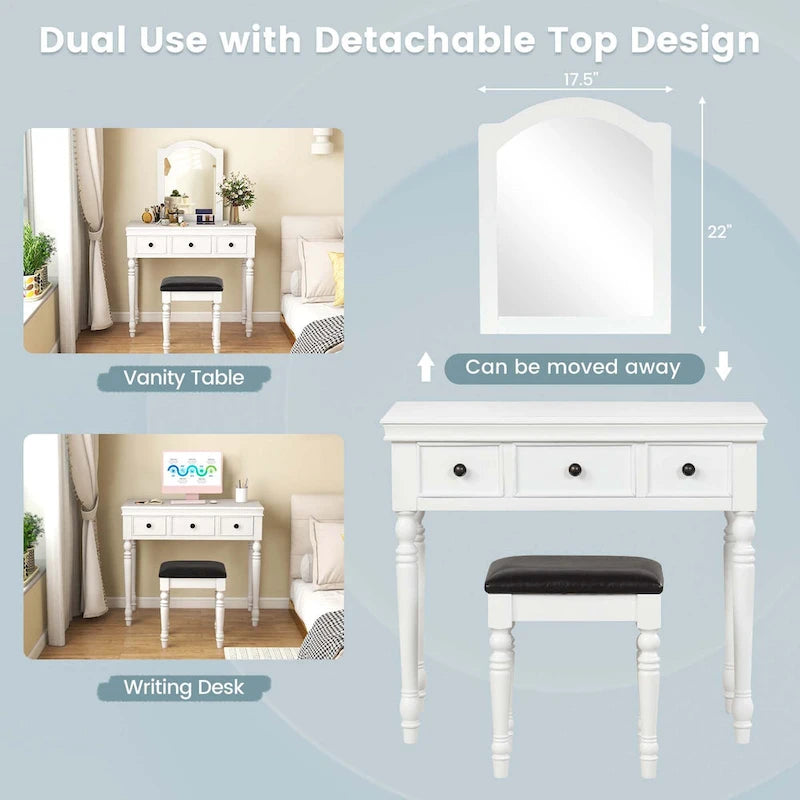 Costway Vanity Table Set Makeup Desk Cushioned Stool 3 Drawer Large - See Details