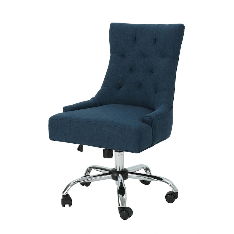 Swivel Office Chair with Tufted Back, Navy Blue Fabric, Rolling Wheels