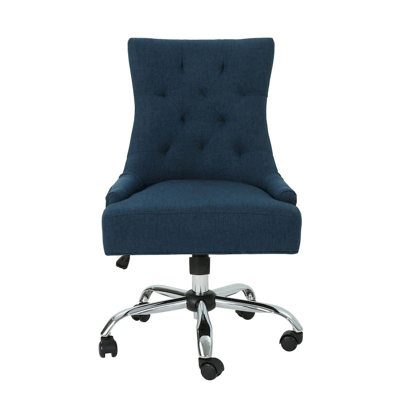 Swivel Office Chair with Tufted Back, Navy Blue Fabric, Rolling Wheels