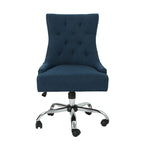 Swivel Office Chair with Tufted Back, Navy Blue Fabric, Rolling Wheels