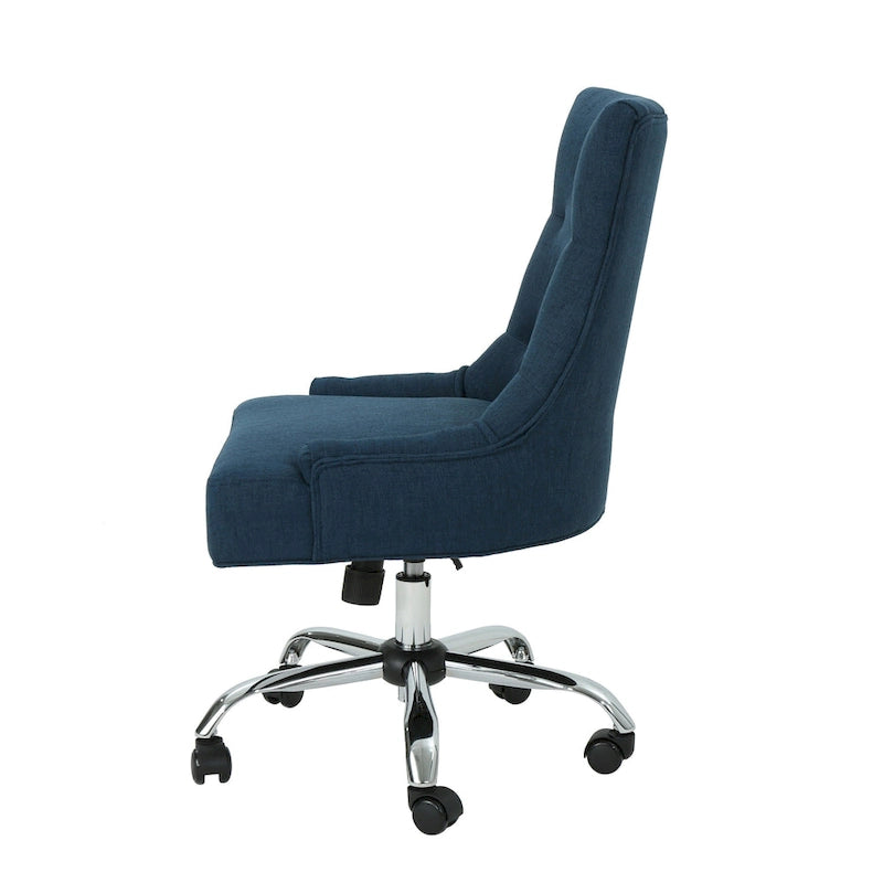 Swivel Office Chair with Tufted Back, Navy Blue Fabric, Rolling Wheels