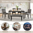 6 Piece Dining Table Set, Wooden Dining Table Set with Rectangular Dining Table, Bench and 4 Upholstered Chairs