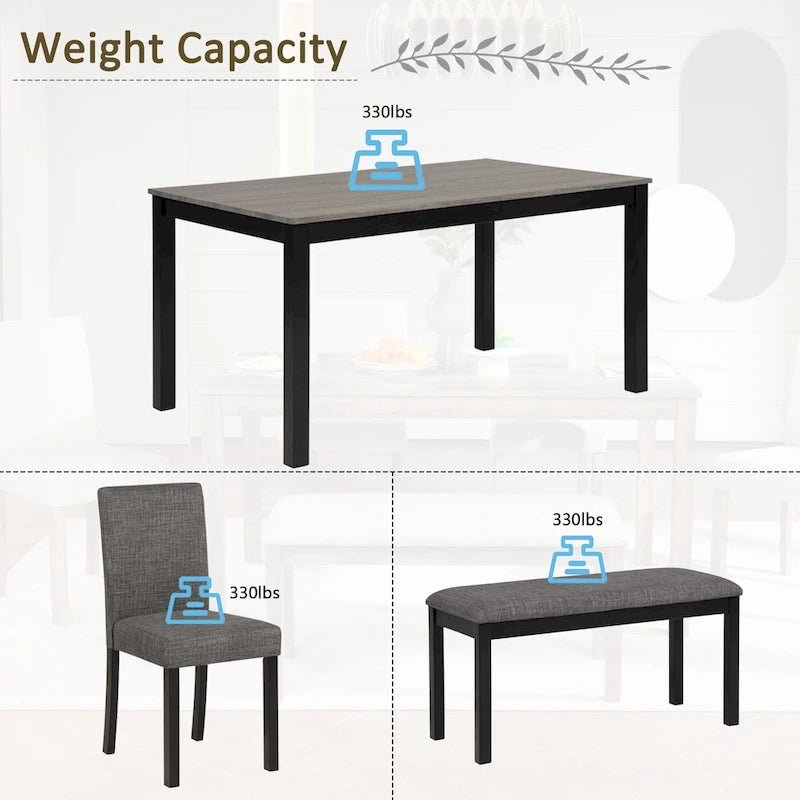 6 Piece Dining Table Set, Wooden Dining Table Set with Rectangular Dining Table, Bench and 4 Upholstered Chairs
