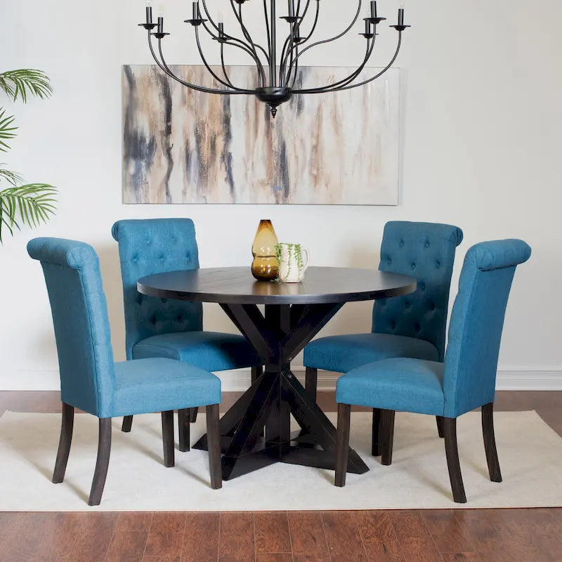 5 Piece Round Dining Table Set, Dining Room Furniture Set with Cross-Buck Dining Table and 4 Upholstered Chairs