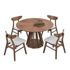 5 Pcs Solid Wood Dining Table Set, Round Kitchen Furniture Set with Wooden Pedestal Kitchen Table and 4 Upholstered Chairs