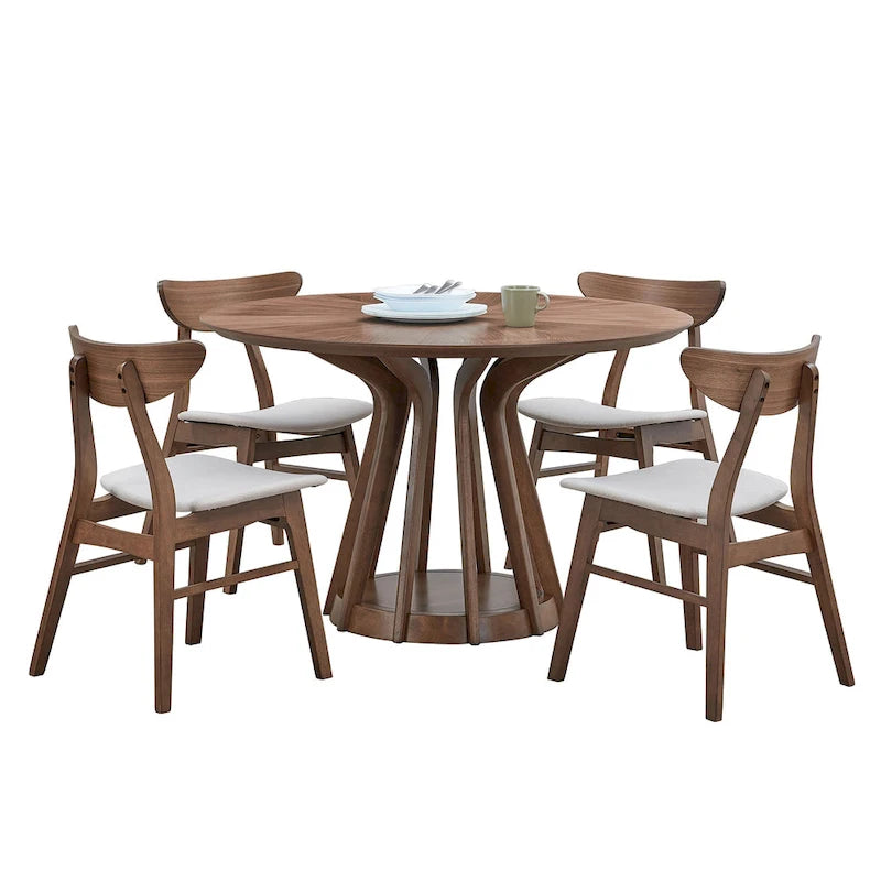 5 Pcs Solid Wood Dining Table Set, Round Kitchen Furniture Set with Wooden Pedestal Kitchen Table and 4 Upholstered Chairs