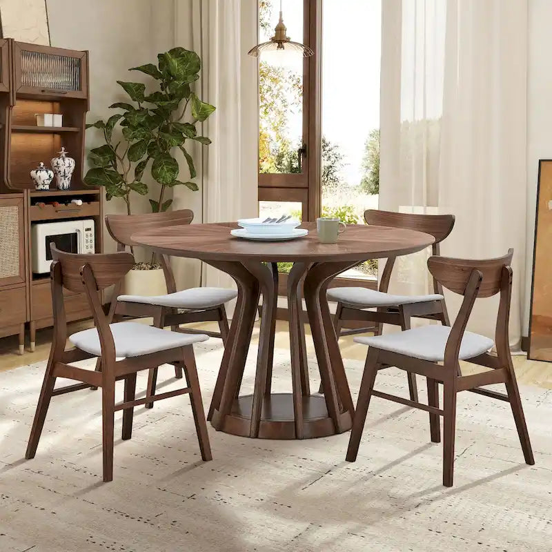 5 Pcs Solid Wood Dining Table Set, Round Kitchen Furniture Set with Wooden Pedestal Kitchen Table and 4 Upholstered Chairs