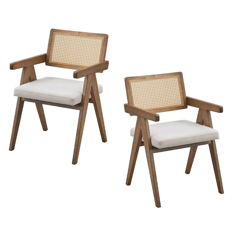 7 Piece Wooden Dining Table and Chairs Set, Rattan Kitchen Table Set with Rectangular Dining Table and 6 Chairs