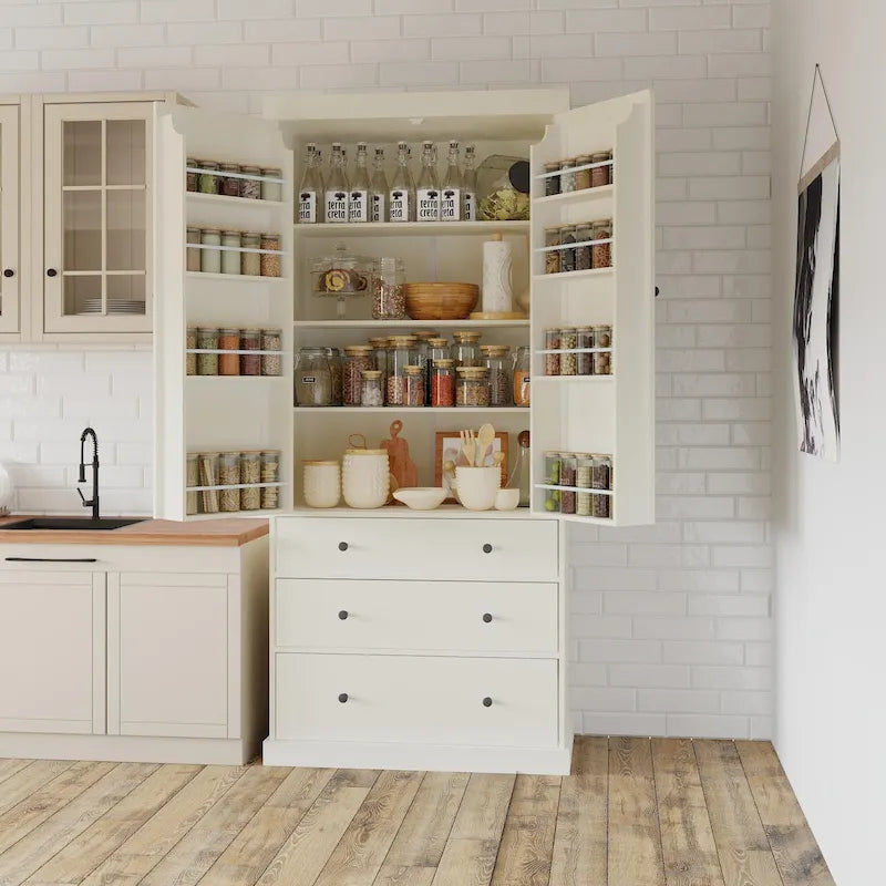 Mobile credenza da cucina con 8 ante e ripiani, mobile in legno con 3 cassetti portaoggetti, credenza con ripiani regolabili