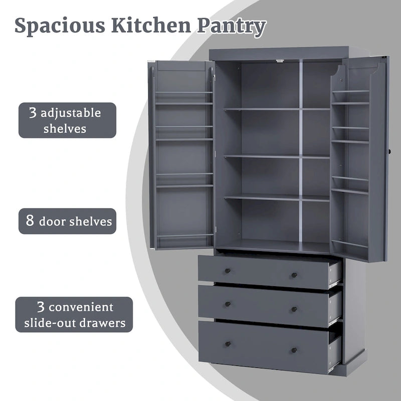 Mobile credenza da cucina con 8 ante e ripiani, mobile in legno con 3 cassetti portaoggetti, credenza con ripiani regolabili