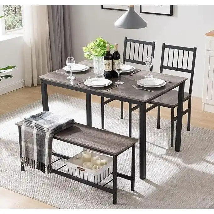 Dining Table Set for 4 Kitchen Dining Table with Benches and 2 Chairs Wood Tabletop and Metal Frame Breakfast Nook Dining Set