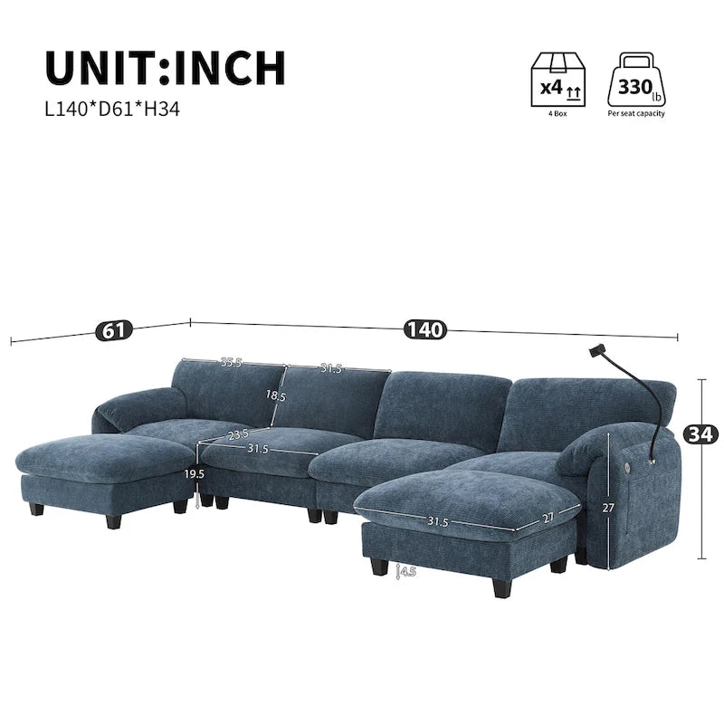 U-Shaped Sectional Sofa Indoor Chaise Lounge w/ USB & Type-C Charger