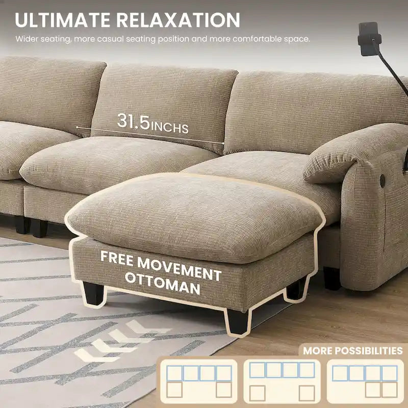 U-Shaped Sectional Sofa Indoor Chaise Lounge w/ USB & Type-C Charger