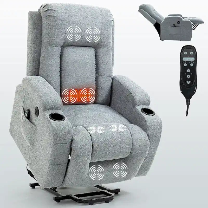 Infinite Position Power Lift Recliner with Massage and Heat, Dual USB Ports, Cup Holders, Side Pockets, Ideal for Seniors