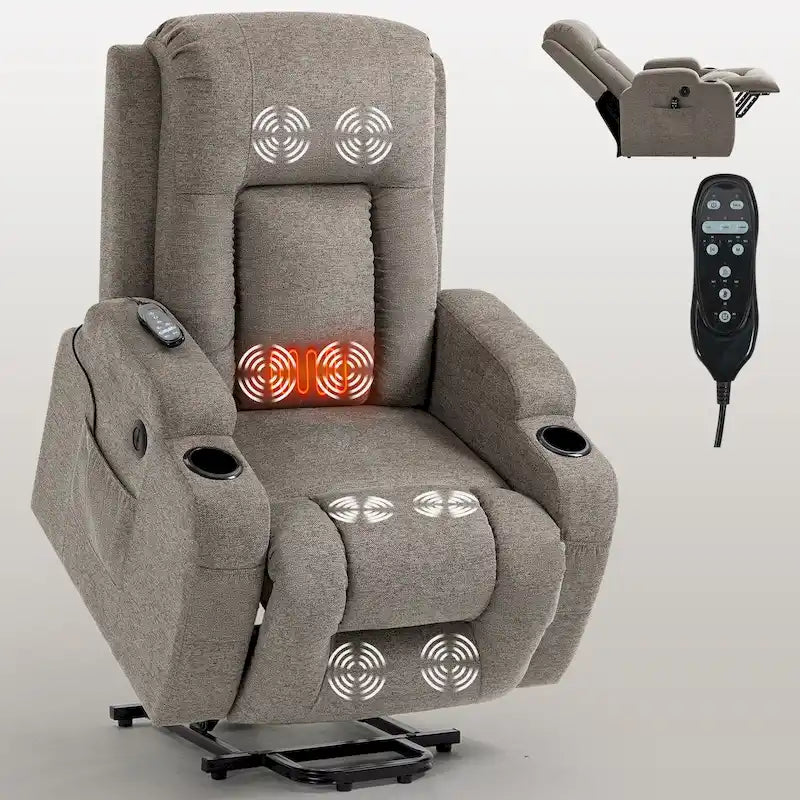 Infinite Position Power Lift Recliner with Massage and Heat, Dual USB Ports, Cup Holders, Side Pockets, Ideal for Seniors