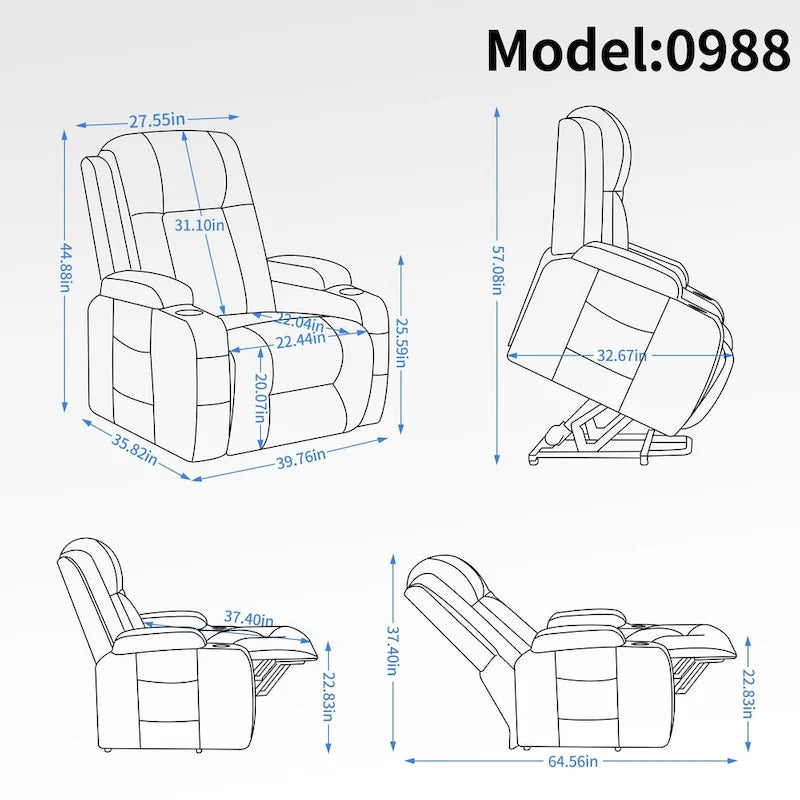 Infinite Position Power Lift Recliner with Massage and Heat, Dual USB Ports, Cup Holders, Side Pockets, Ideal for Seniors